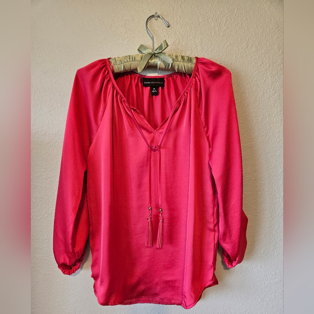 Dana Buchman Womes Roll Tab Long Sleeve Tassled Shirt Top Bl9use Size XS